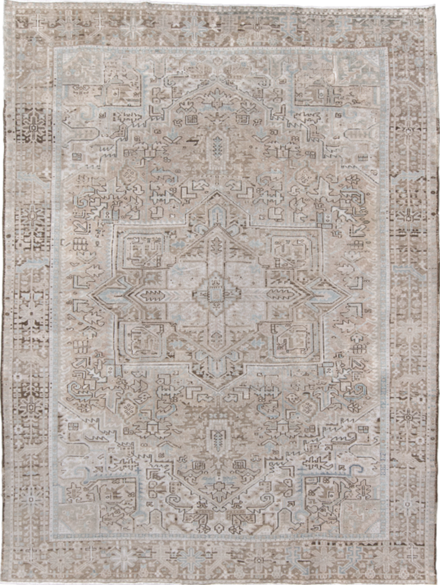 8' x 10' one-of-a-kind handmade vintage Karaje large size rug. Color palette: gray, light gray, off-white, pink, dark gray