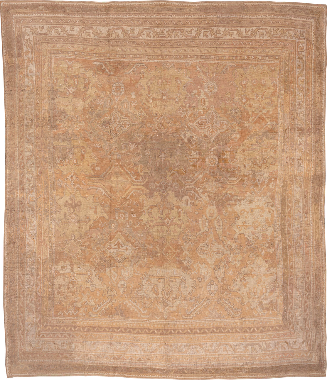 12' x 13' one-of-a-kind handmade vintage Oushak oversize rug. Color palette: brown, burlywood, off-white, orange, pink, tan