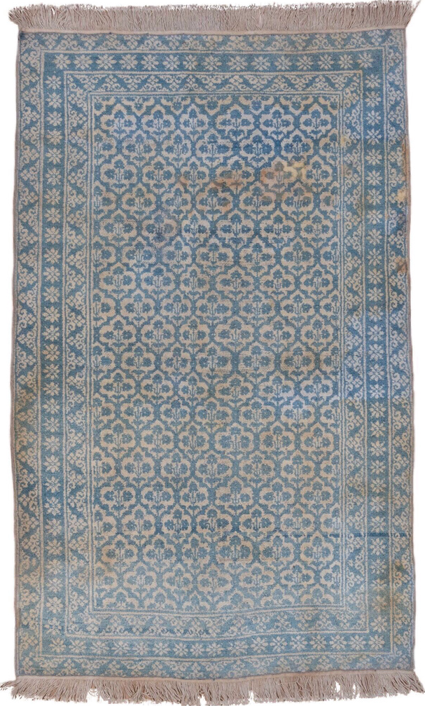 3' x 6' one-of-a-kind handmade vintage Cotton Agra small size rug. Color palette: blue, dark gray, dim gray, gray