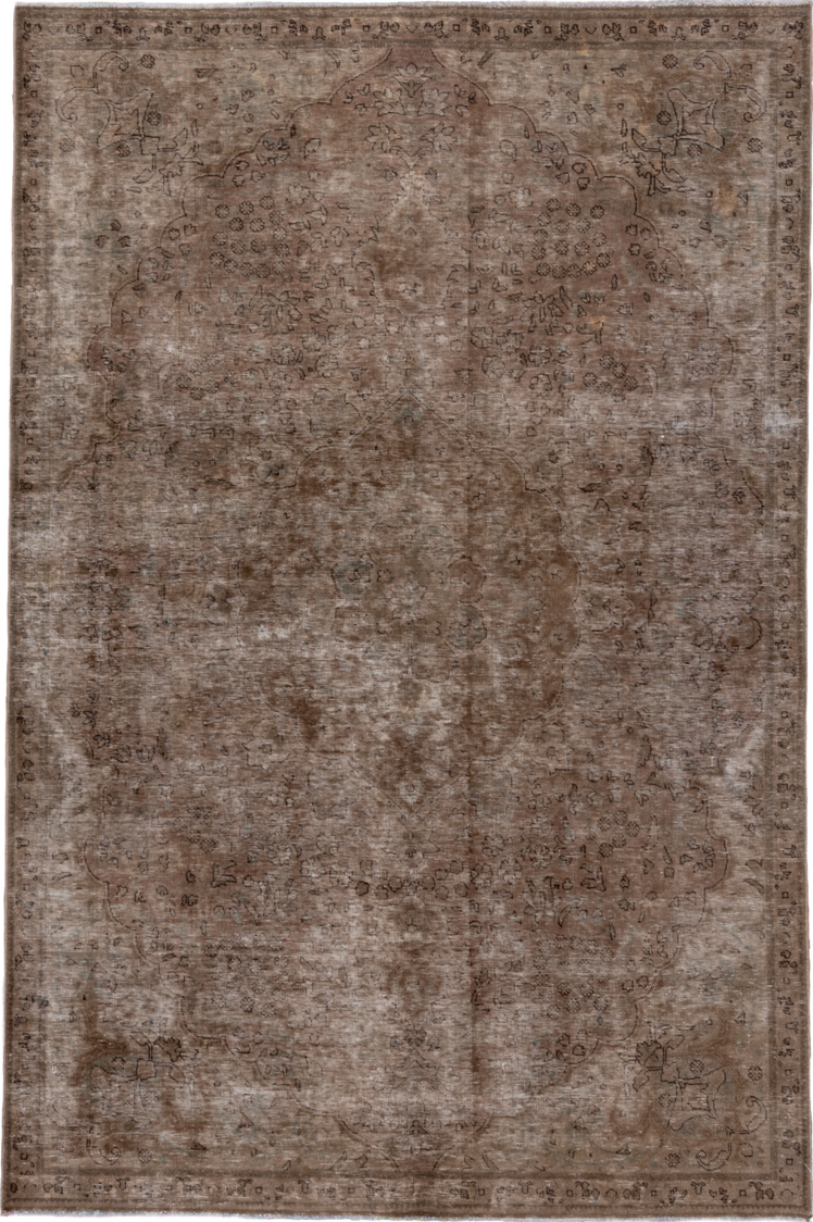 6' x 9' one-of-a-kind handmade vintage Distressed medium size rug. Color palette: brown, gray, light gray, off-white, pink