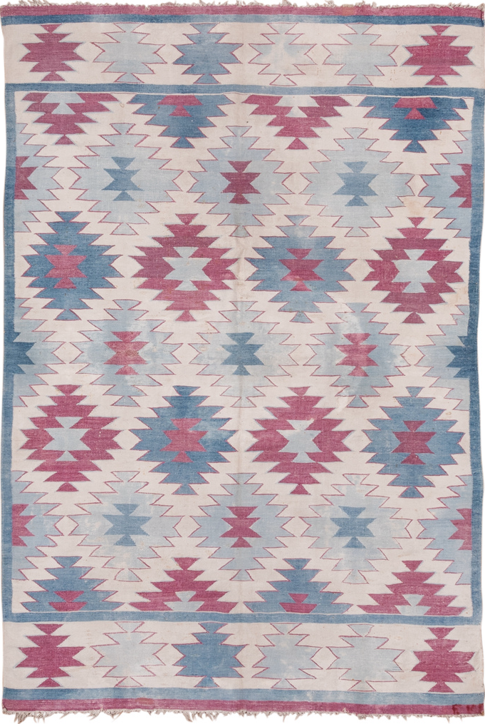 5' x 7' one-of-a-kind handmade vintage Dhurrie rug. Color palette: blue, dark gray, fiord, gainsboro, gray, light gray