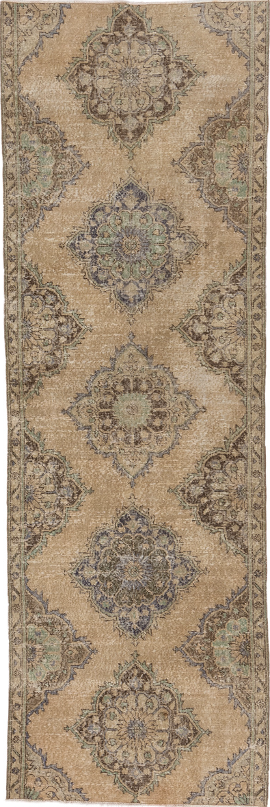 3' x 10' one-of-a-kind handmade vintage Oushak runner rug. Color palette: brown, gray, off-white, orange, snow, white