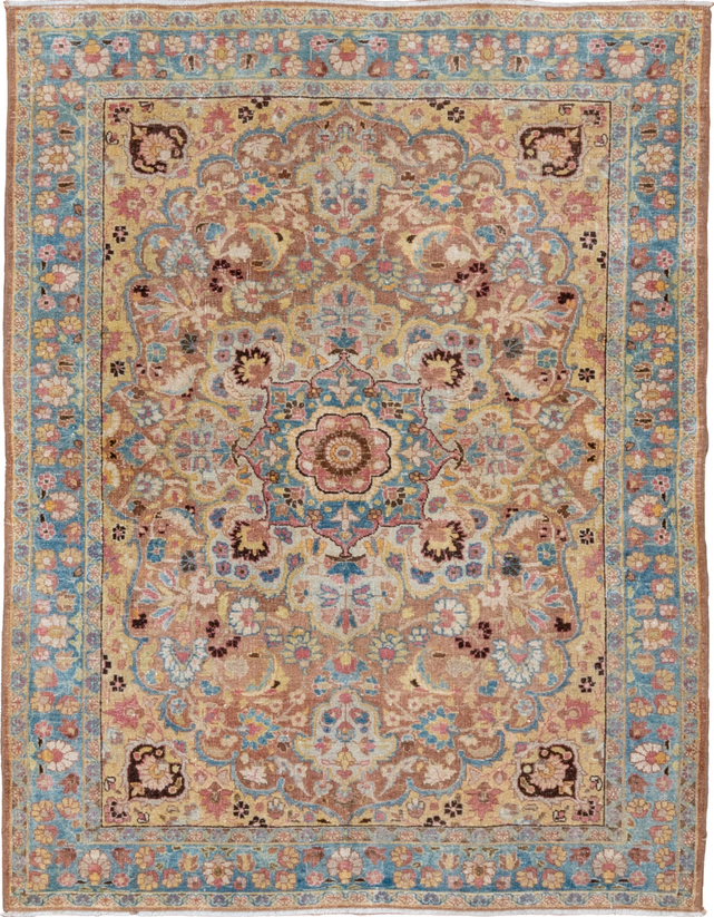 4' x 5' one-of-a-kind handmade vintage Tabriz small size rug. Color palette: blue, brown, gray, light gray, off-white