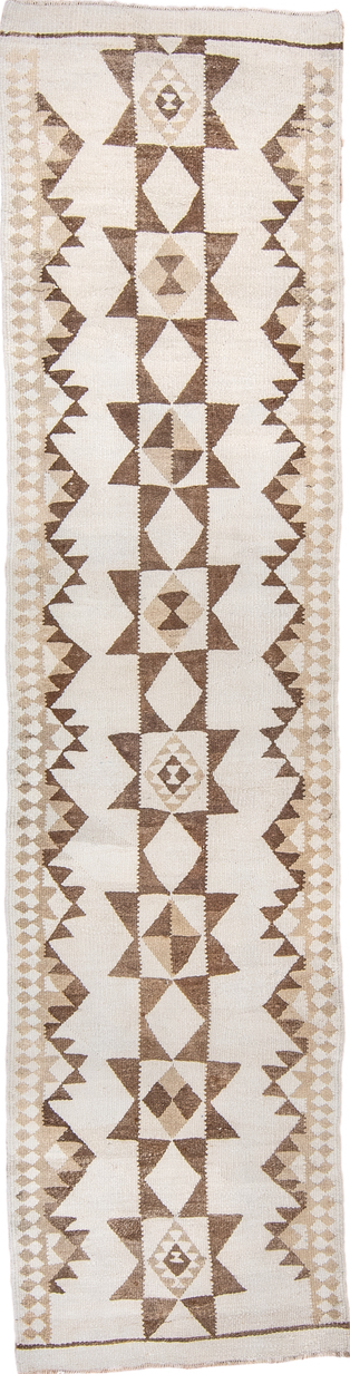 2' x 11' one-of-a-kind handmade vintage Kilim runner rug. Color palette: brown, gainsboro, gray, light gray, linen