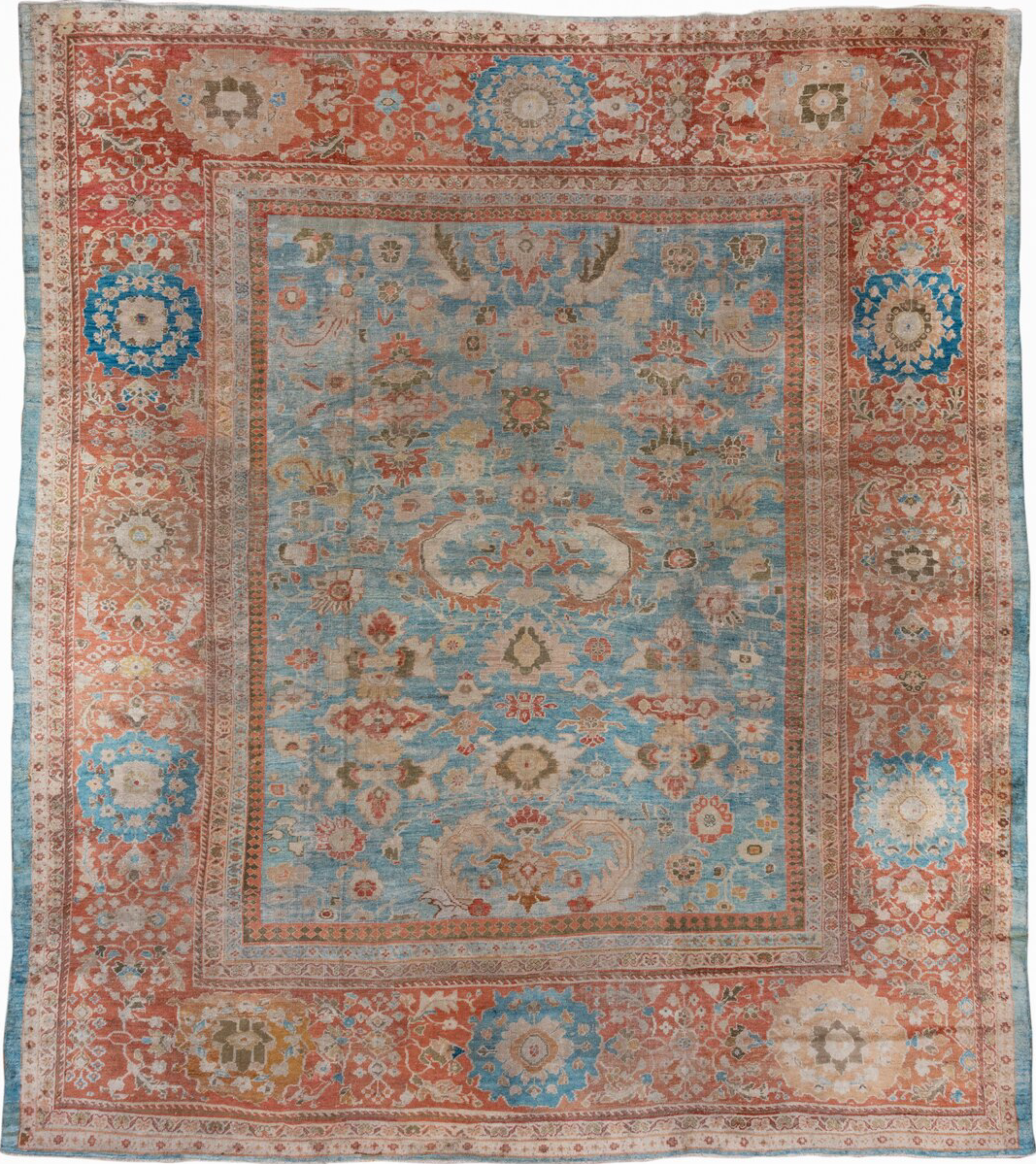 11' x 13' one-of-a-kind handmade vintage Sultanabad oversize rug. Color palette: blue, gray, light gray, off-white, brown