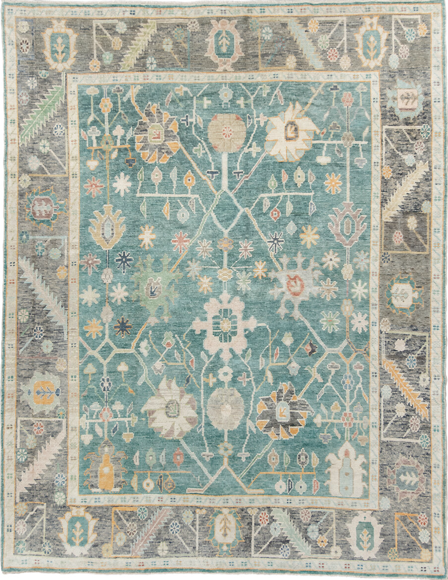 8' x 10' one-of-a-kind handmade vintage Oushak large size rug. Color palette: black, blue, brown, burlywood, dim gray, gray