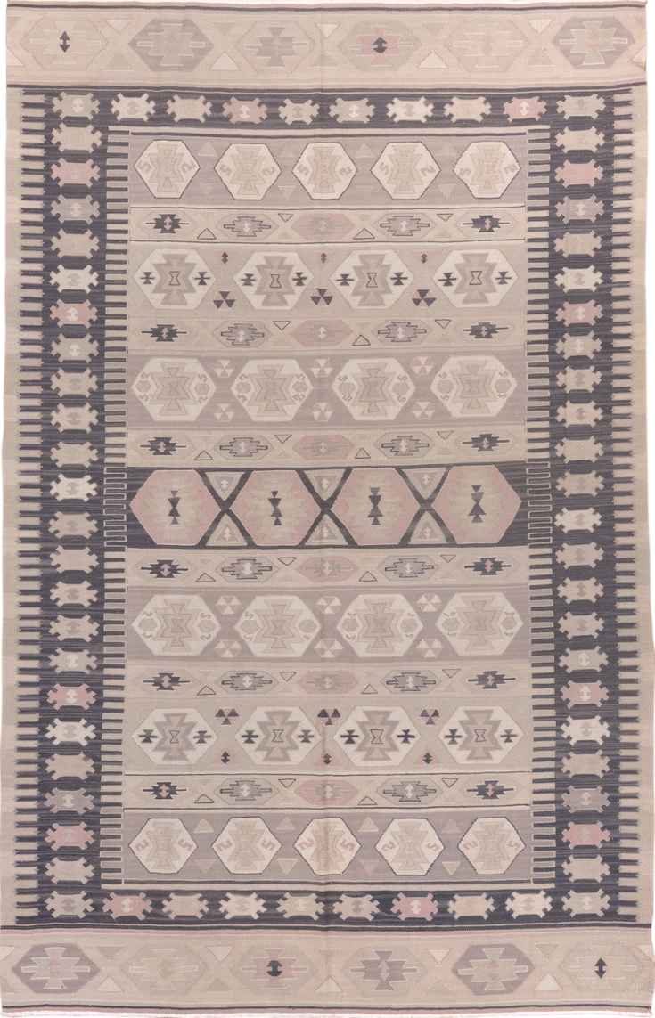 5' x 8' one-of-a-kind handmade vintage Kilim medium size rug. Color palette: blue, dim gray, gray, light gray, off-white