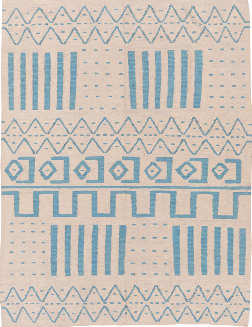 6' x 7' one-of-a-kind handmade vintage Kilim rug. Color palette: blue, dark gray, dim gray, gainsboro, gray, light blue