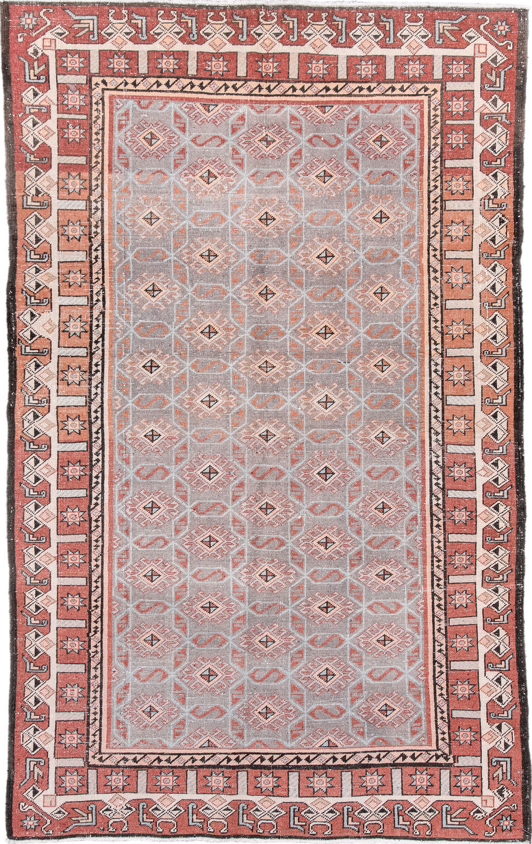 4' x 7' one-of-a-kind handmade vintage Sparta rug. Color palette: black, brown, gray, light gray, off-white, pink, red