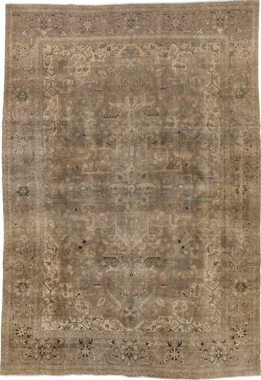 9' x 13' one-of-a-kind handmade vintage Heriz large size rug. Color palette: brown, orange, gray, off-white, light gray