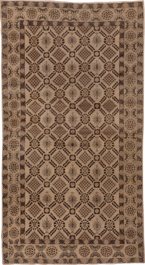 5' x 10' one-of-a-kind handmade vintage Oushak medium size rug. Color palette: brown, gray, light gray, off-white