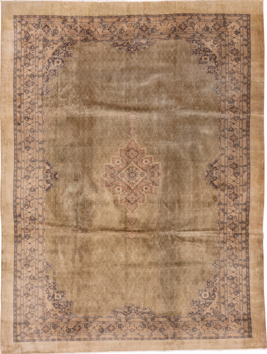 8' x 10' one-of-a-kind handmade vintage Sivas large size rug. Color palette: brown, off-white, orange, pink, tan