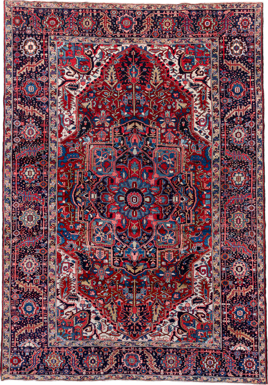 8' x 12' one-of-a-kind handmade vintage Heriz large size rug. Color palette: blue, brown, gainsboro, gray, indian red