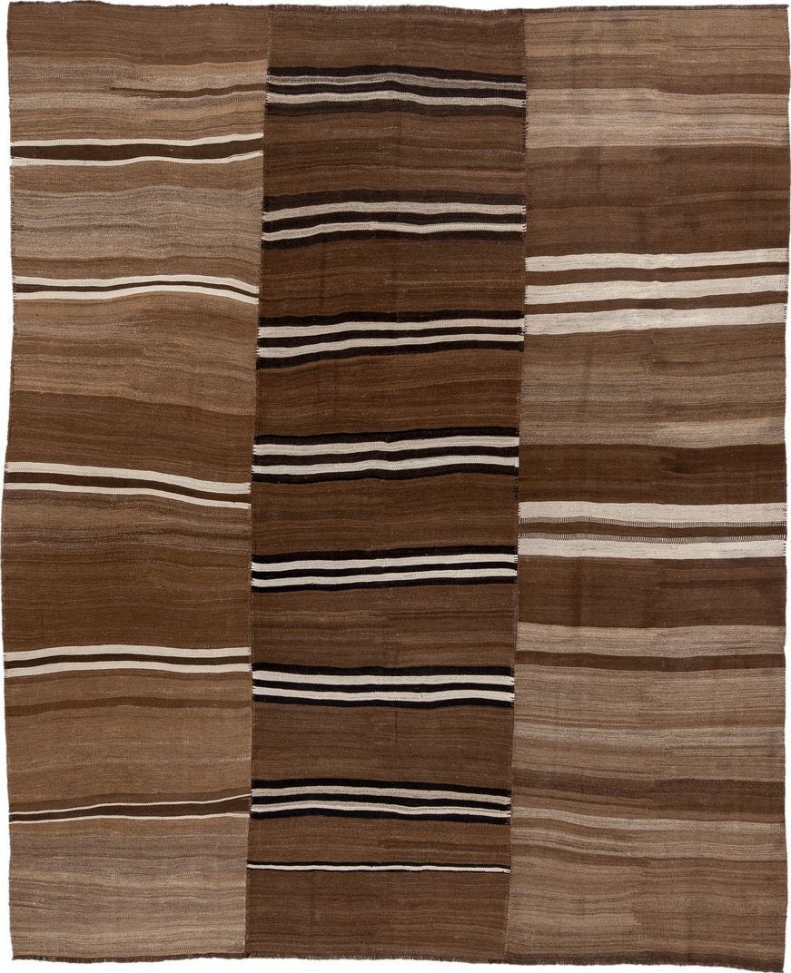 8' x 10' one-of-a-kind handmade vintage Kilim large size rug. Color palette: black, brown, gray, light gray, off-white, pink