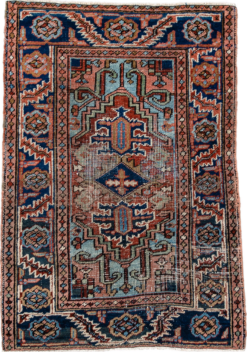 2' x 3' one-of-a-kind handmade vintage Heriz small size rug. Color palette: off-white, gray, blue, orange, pink, brown, red