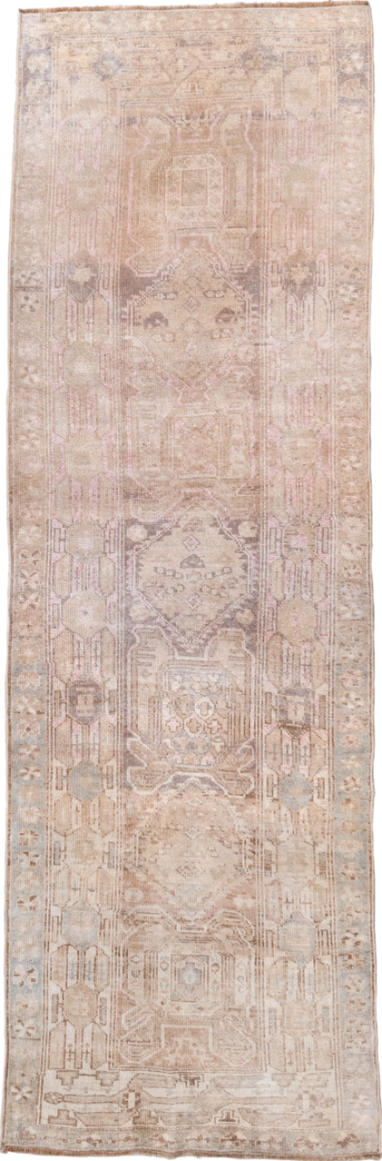 3' x 10' one-of-a-kind handmade vintage Sarab runner rug. Color palette: brown, gray, light gray, off-white, orange, pink
