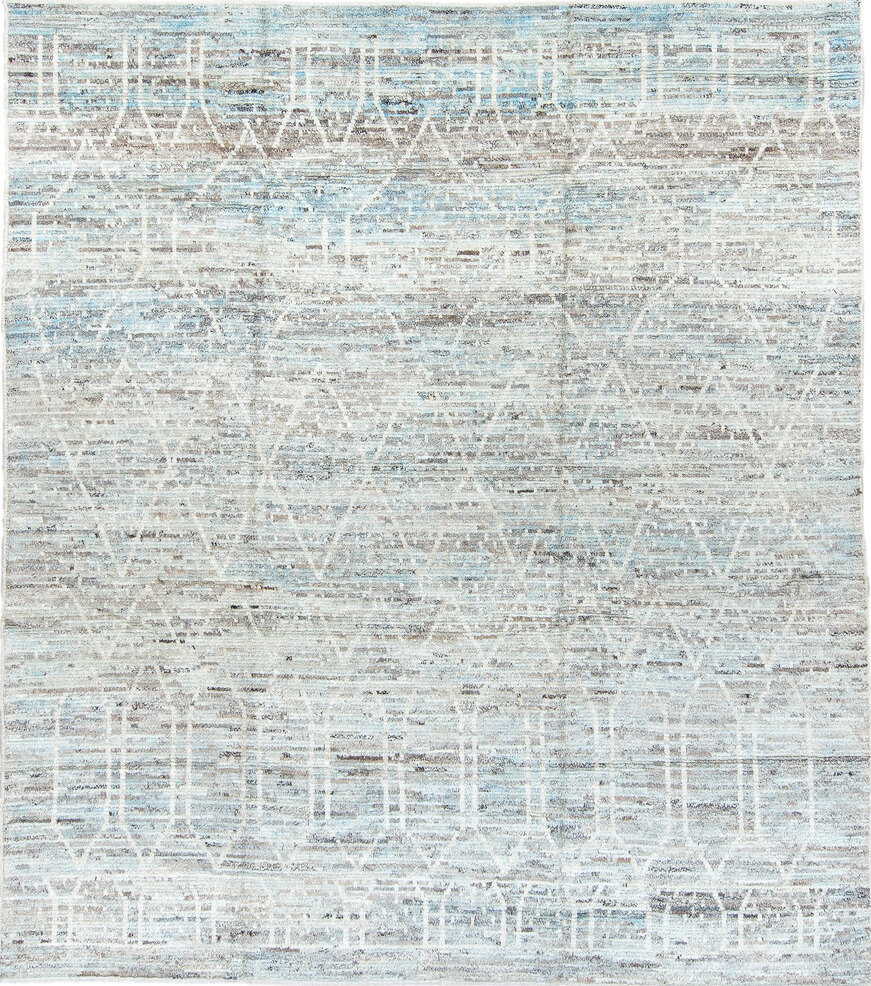 8' x 9' one-of-a-kind handmade vintage Tulu rug. Color palette: dark gray, gainsboro, gray, light gray, off-white, silver