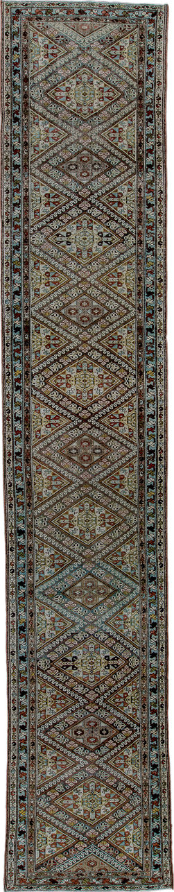 3' x 17' one-of-a-kind handmade vintage Malayer runner rug. Color palette: black, blue, brown, charcoal, dim gray, gray