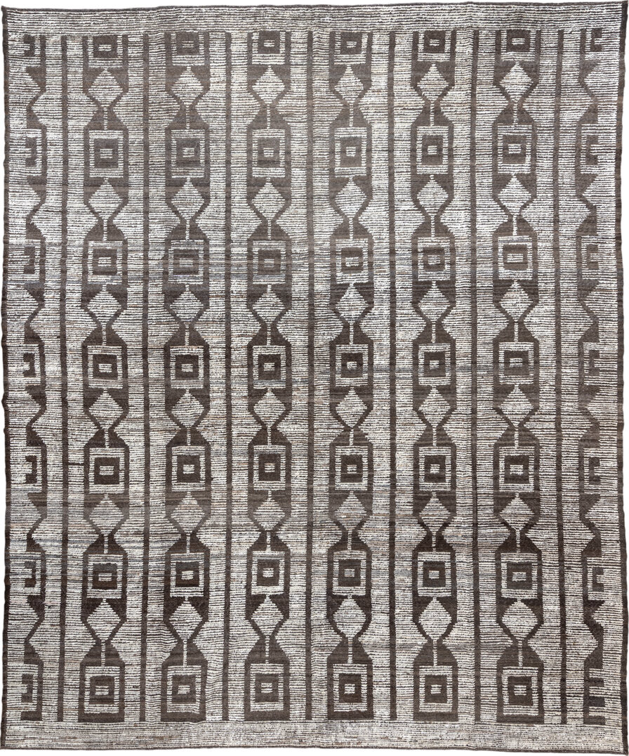 13' x 15' one-of-a-kind handmade vintage Tulu oversize rug. Color palette: brown, dark gray, dim gray, gainsboro, gray