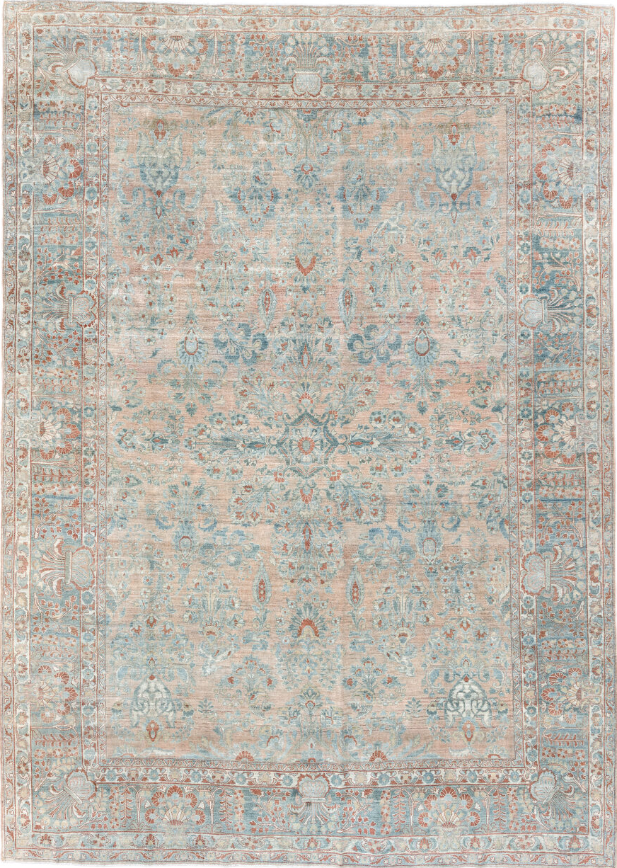 8' x 12' one-of-a-kind handmade vintage Sarouk large size rug. Color palette: gray, off-white, pink, light gray