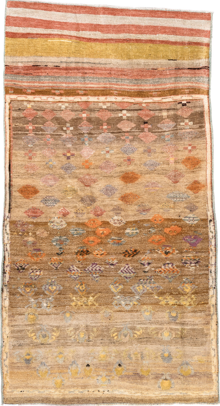 3' x 7' one-of-a-kind handmade vintage Kars rug. Color palette: brown, yellow, orange, off-white, pink, gray, red, burlywood