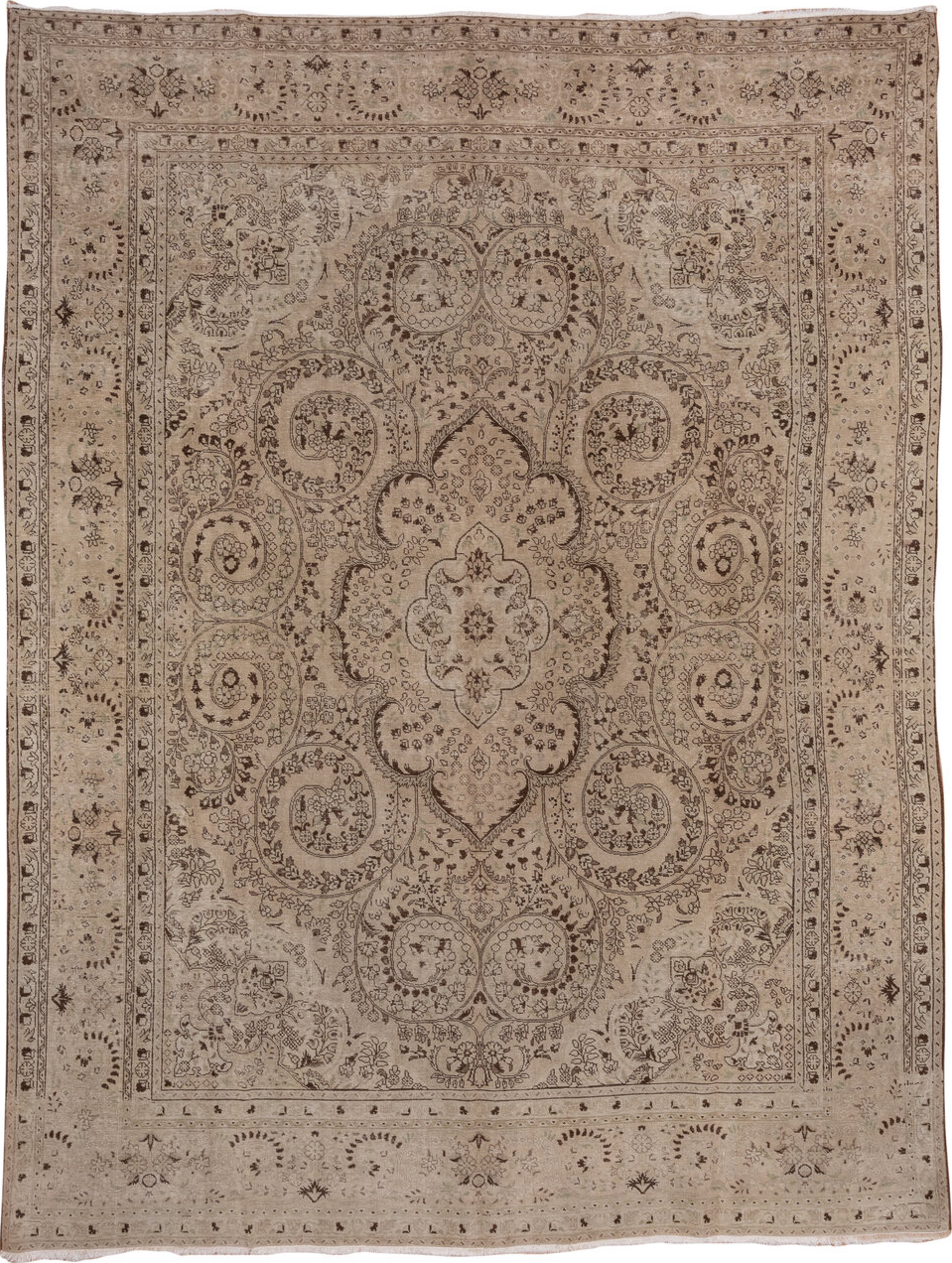 9' x 12' one-of-a-kind handmade vintage Sivas large size rug. Color palette: brown, gray, light gray, off-white, pink
