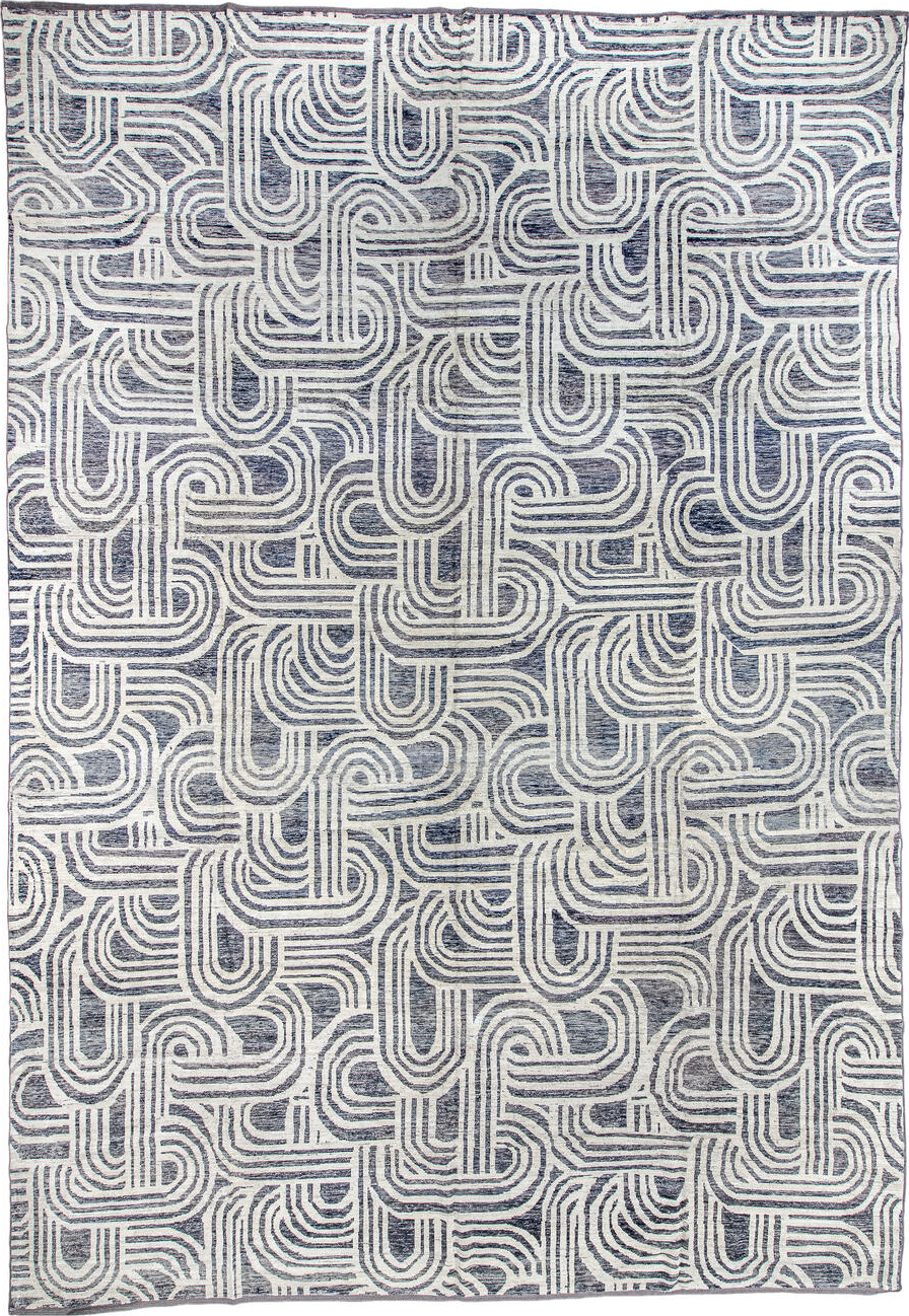 13' x 19' one-of-a-kind handmade vintage Tulu oversize rug. Color palette: black, blue, dark gray, dim gray, gainsboro, gray