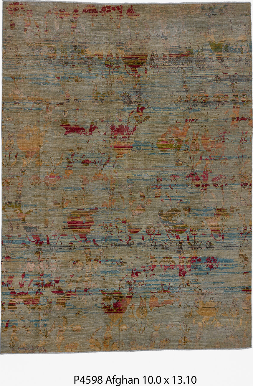 10' x 13' one-of-a-kind handmade vintage Afghan large size rug. Color palette: blue, brown, dark slate gray, dim gray, gray