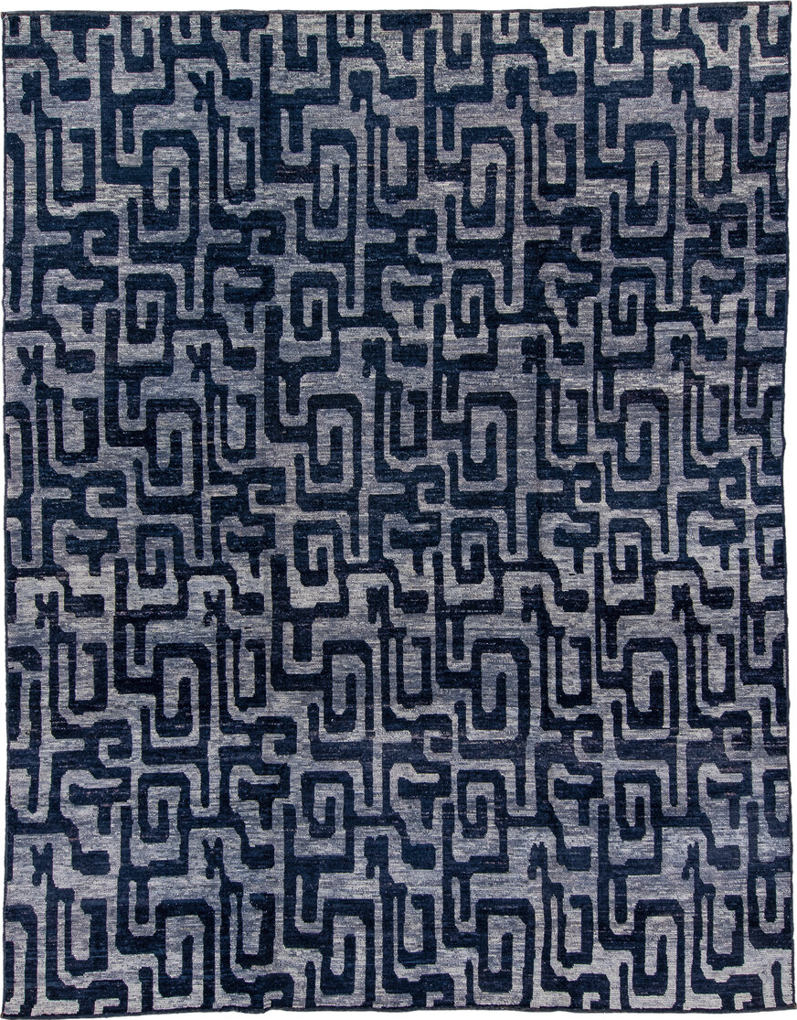 9' x 11' one-of-a-kind handmade vintage Tulu large size rug. Color palette: blue, dark gray, gray, light gray, off-white