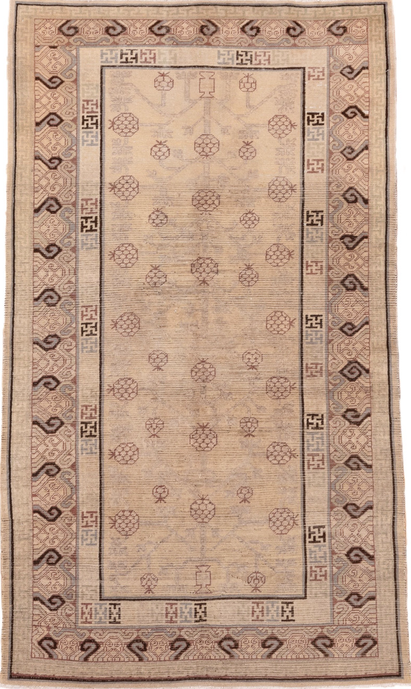 4' x 8' one-of-a-kind handmade vintage Khotan rug. Color palette: brown, gray, off-white, orange, pink