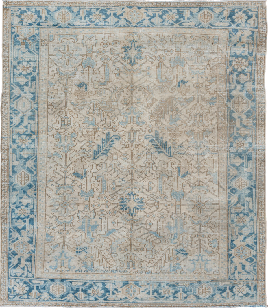 7' x 8' one-of-a-kind handmade vintage Heriz rug. Color palette: blue, dark gray, gray, light gray, off-white, silver