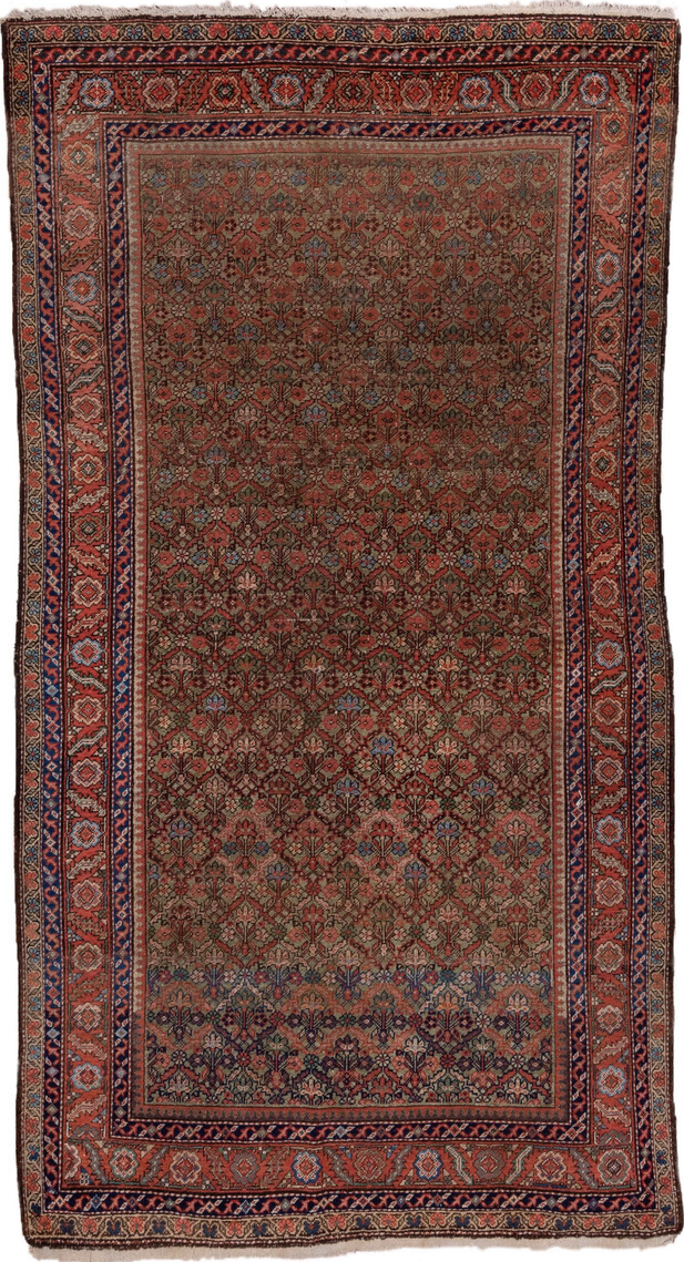5' x 10' one-of-a-kind handmade vintage Mahal medium size rug. Color palette: brown, gray, pink, red