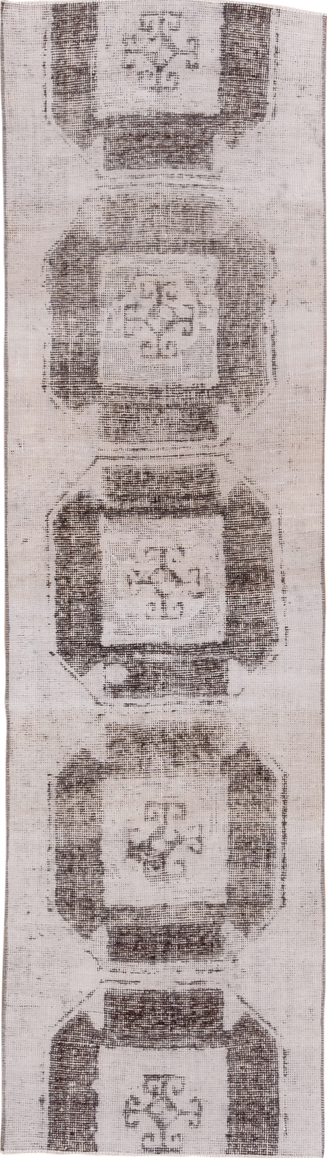 2' x 9' one-of-a-kind handmade vintage Oushak runner rug. Color palette: black, gray, light gray, off-white, pink, silver