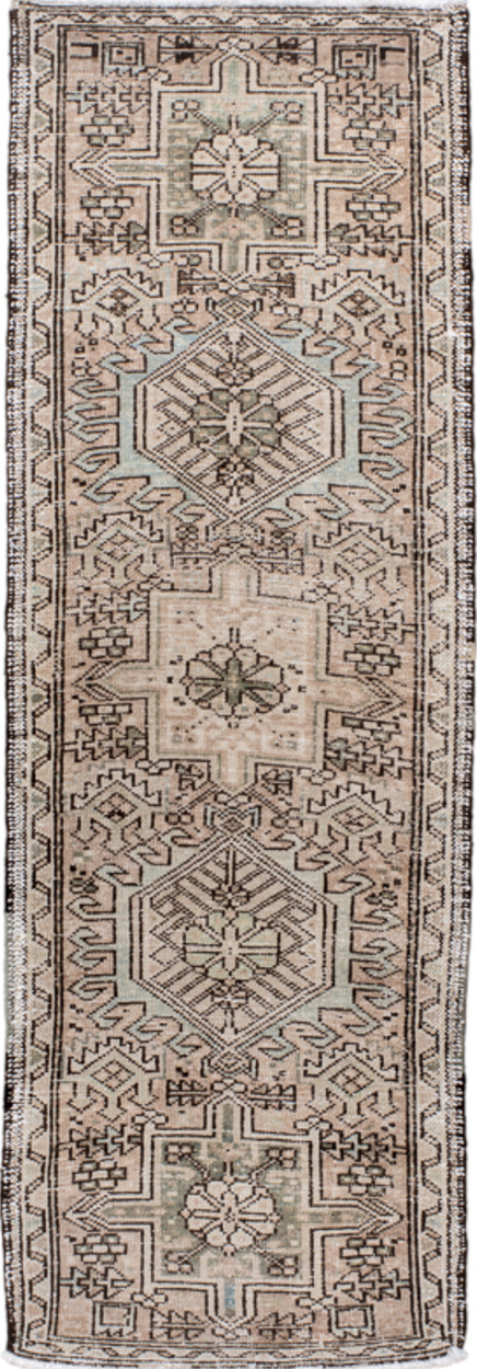1' x 5' one-of-a-kind handmade vintage Karaje small size rug. Color palette: brown, dark gray, dim gray, gray, light gray