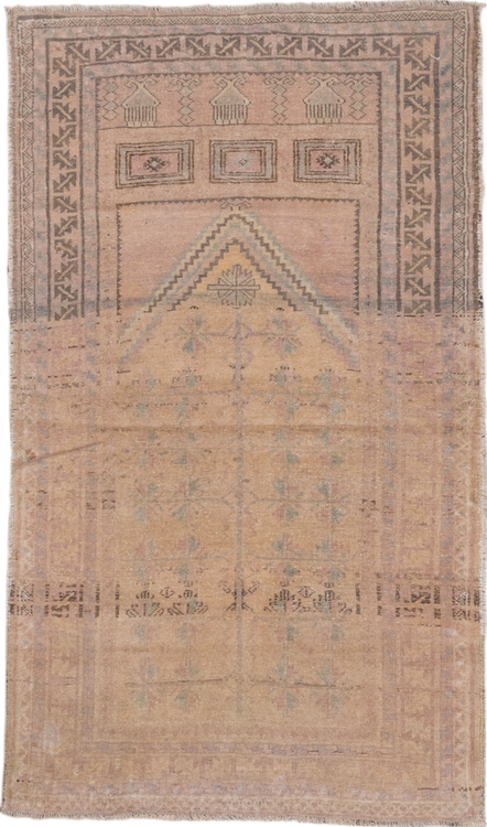 2' x 4' one-of-a-kind handmade vintage Anatol small size rug. Color palette: brown, gray, light gray, off-white, pink, snow