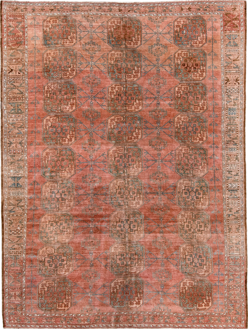 8' x 11' one-of-a-kind handmade vintage Afghan large size rug. Color palette: gray, brown, pink, orange, off-white