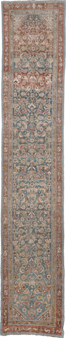 3' x 16' one-of-a-kind handmade vintage Karabagh runner rug. Color palette: brown, gray, off-white, light gray, pink, white