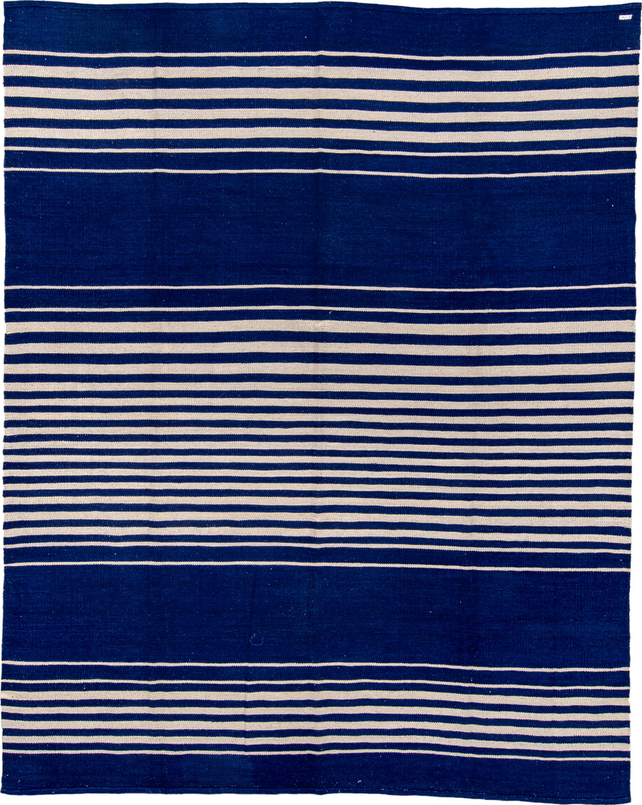 8' x 10' one-of-a-kind handmade vintage Kilim large size rug. Color palette: off-white, gray, light gray, pink, blue, purple