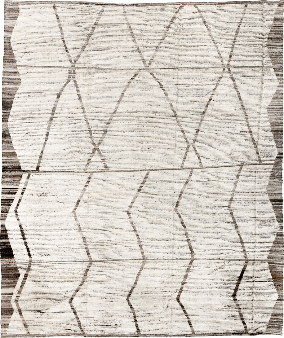 11' x 13' one-of-a-kind handmade vintage Tulu oversize rug. Color palette: dark gray, gray, light gray, linen, off-white