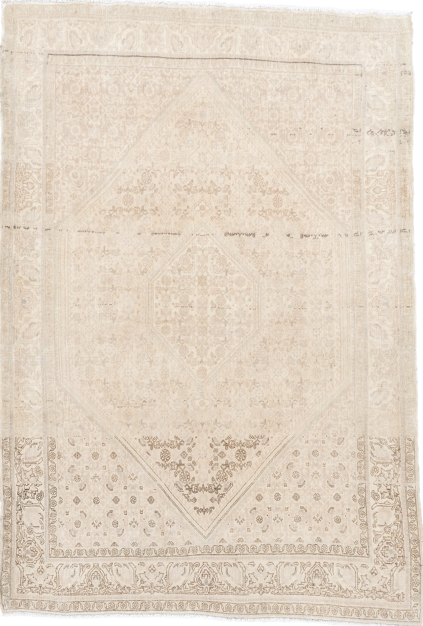 3' x 5' one-of-a-kind handmade vintage Bidjar small size rug. Color palette: off-white, gray, brown, light gray, orange