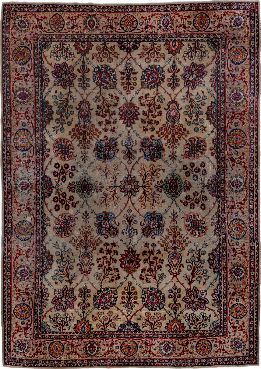 7' x 10' one-of-a-kind handmade vintage Kazvin large size rug. Color palette: black, blue, brown, gray, pink, red, redwood