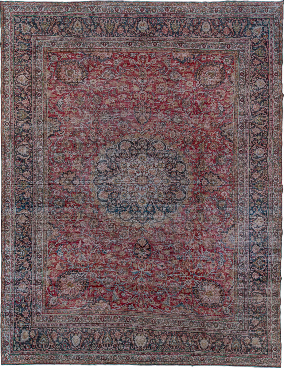 13' x 17' one-of-a-kind handmade vintage Khorassan oversize rug. Color palette: gray, red, brown, blue, pink, black