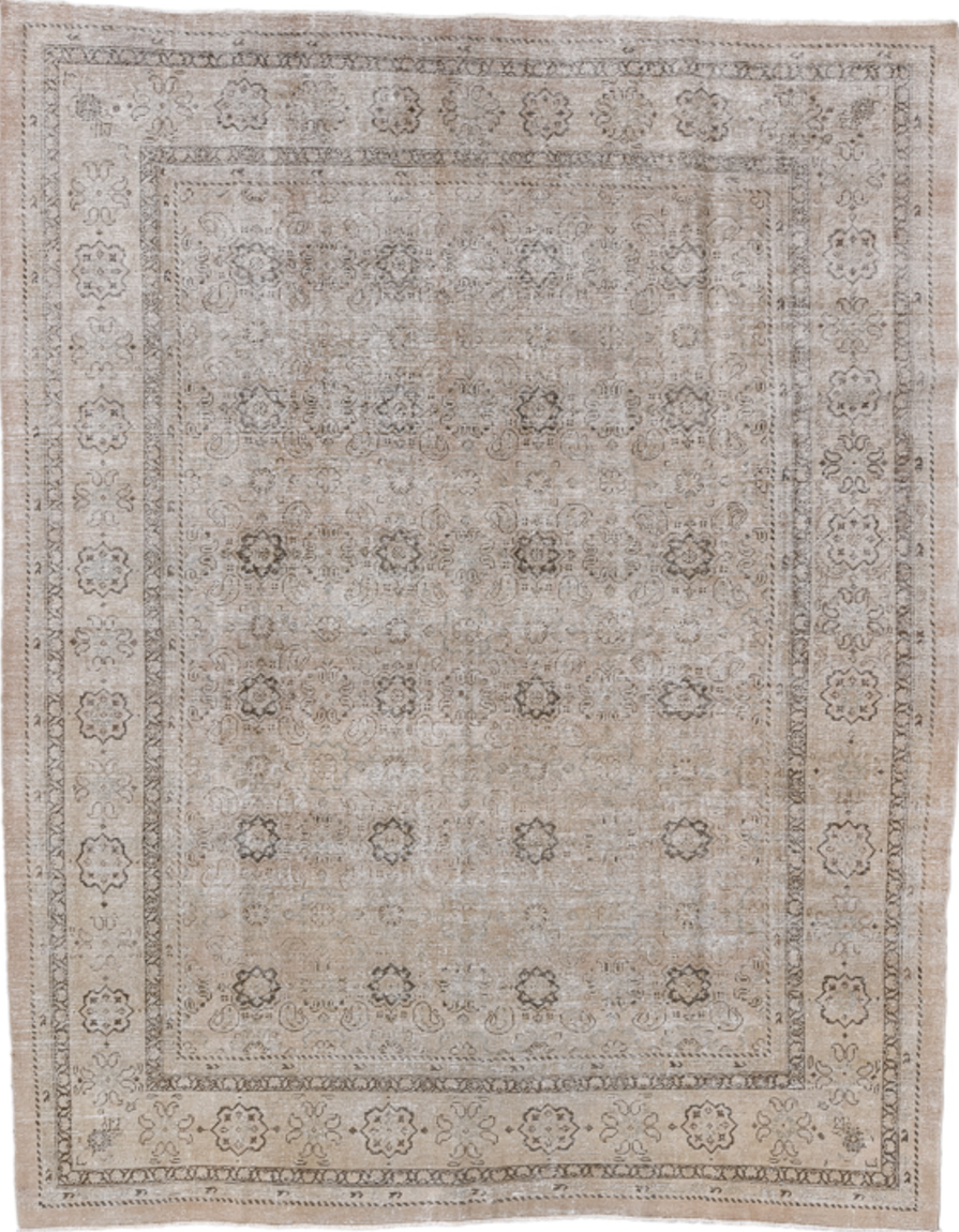 10' x 12' one-of-a-kind handmade vintage Mahal large size rug. Color palette: gray, light gray, off-white, pink, silver