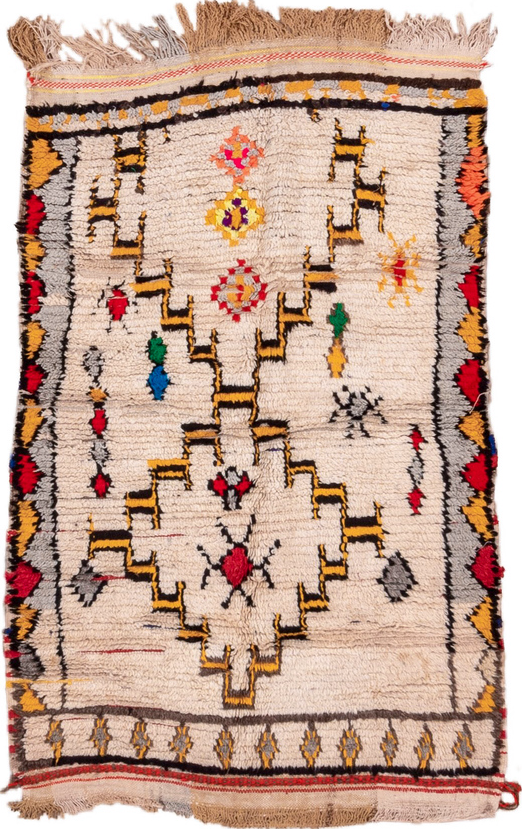 3' x 5' one-of-a-kind handmade vintage Moroccan small size rug. Color palette: bisque, blanched almond, brown, fire brick