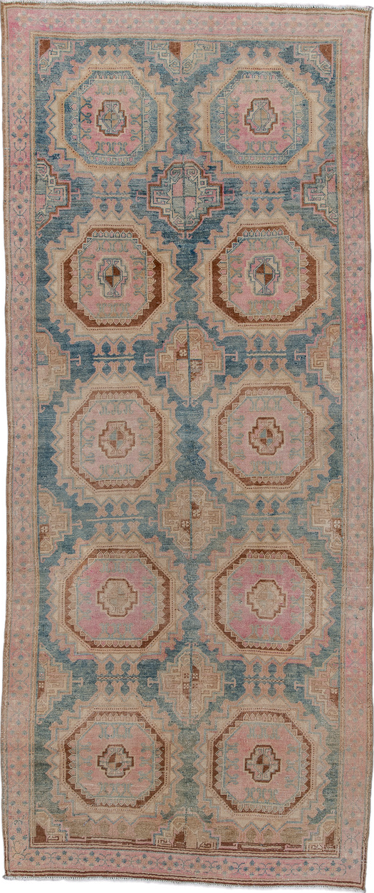 4' x 9' one-of-a-kind handmade vintage Sarab runner rug. Color palette: brown, gray, light gray, off-white, pink, redwood
