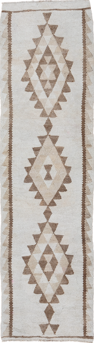 2' x 9' one-of-a-kind handmade vintage Kilim runner rug. Color palette: brown, gainsboro, gray, light gray, off-white, pink