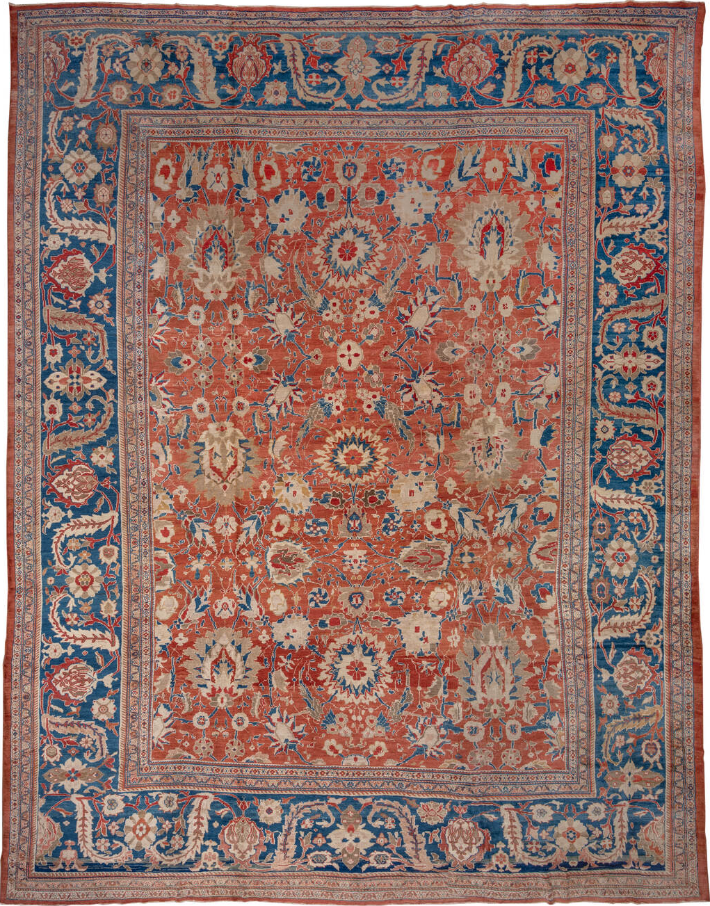 16' x 20' one-of-a-kind handmade vintage Sultanabad oversize rug. Color palette: blue, brown, fiord, gray, pink, red
