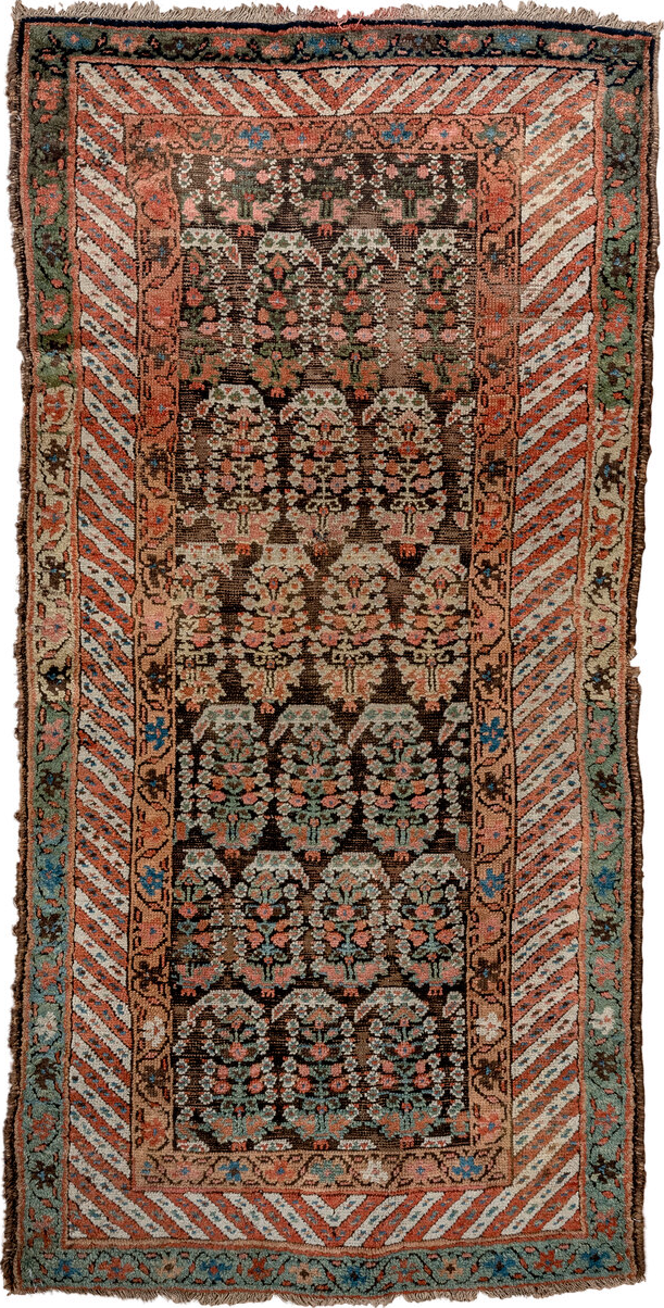 4' x 8' one-of-a-kind handmade vintage Kurd runner rug. Color palette: black, blue, brown, gray, light gray, pink