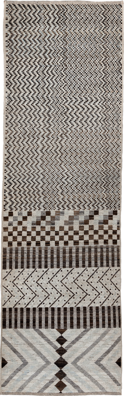 2' x 9' one-of-a-kind handmade vintage Tulu runner rug. Color palette: gray, black, off-white, light gray, brown, gainsboro