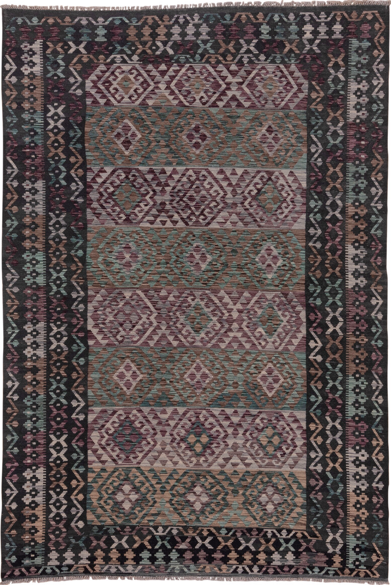 6' x 10' one-of-a-kind handmade vintage Kilim large size rug. Color palette: black, brown, charcoal, dim gray, gray, pink